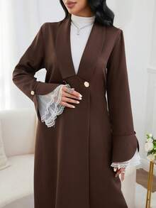 Al Najma 优雅翻领撞色袖口金属纽扣开衫 - 棕色 - 查看 1