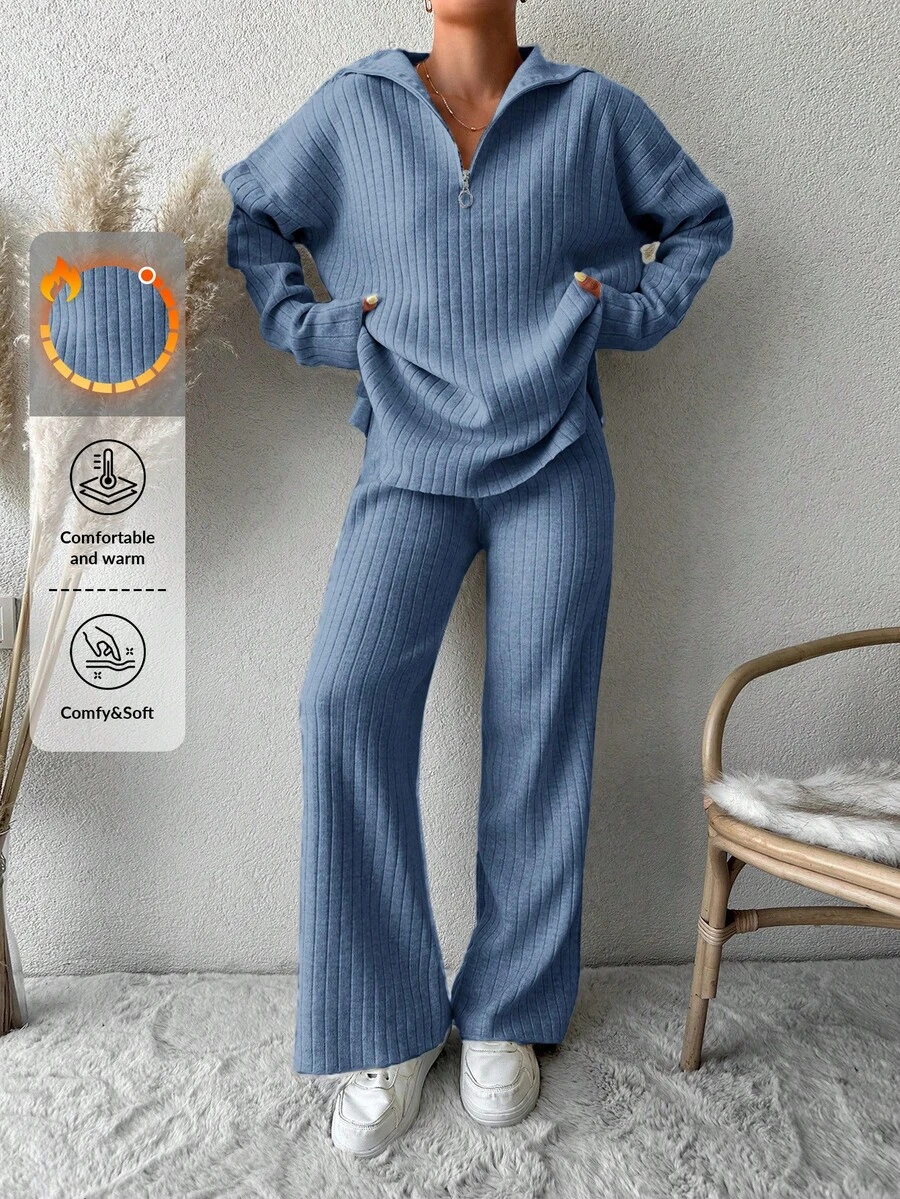 EURMUSE Women's Zip-up Cardigan Sweater 2pcs/set - Dusty Blue - View 1