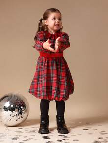 SUMWON Vestido de Navidad de manga larga con cuello Peter Pan y estampado de tartán a cuadros para niñas con bajo de globo - Rojo - Ver 6