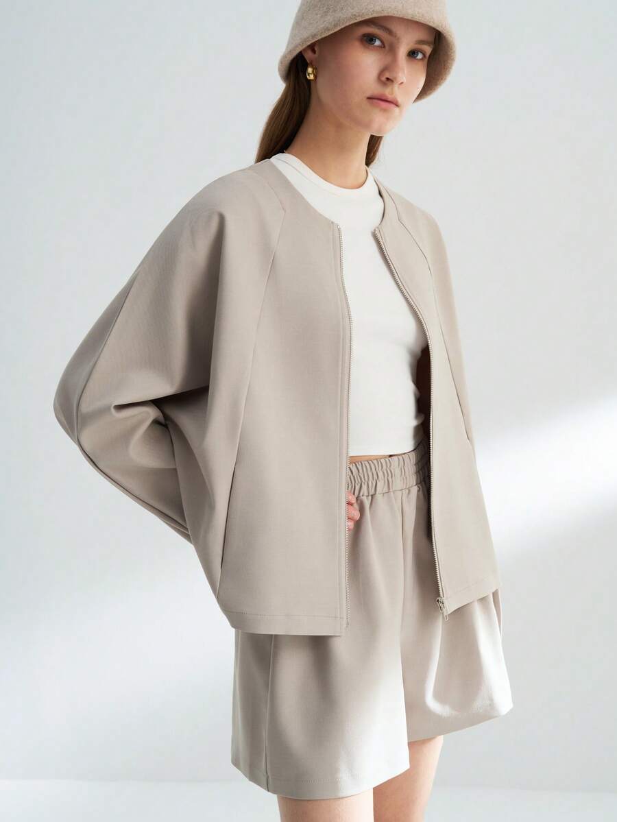 Airaco Women's Casual Solid Color Zip-Up Jacket And Loose Shorts 2 Pieces Set