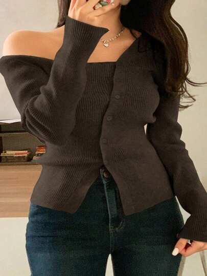 Dazy Plus Plus Size Women Asymmetrical Shoulder Fitted Short Cardigan Sweater, Elegant Design, Autumn/Winter