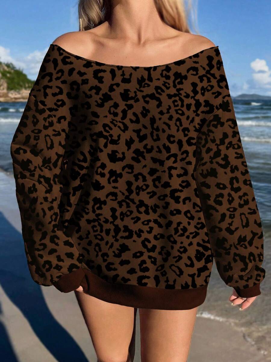 EMERY ROSE Casual Chic Off Shoulder Leopard Print Sweatshirt - Coffee Brown - View 1