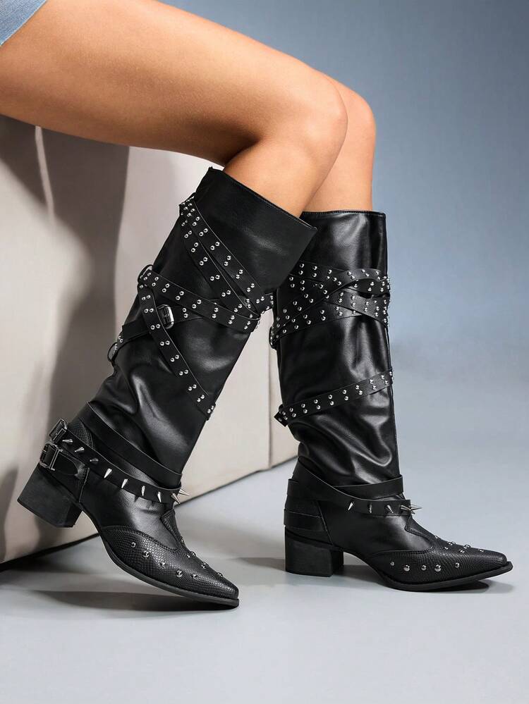 CUCCOO GRLICON Women's Pointed Toe Ruched Western Cowboy Boots, Plus Size Sexy Chunky Heel Stacked Boots With Belt Buckle Rivets, Knight Boots For Halloween, Christmas, Party, Autumn