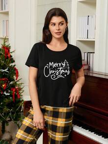 SHEIN Doze Lane Christmas Letter Print Short Sleeve Top And Plaid Pants Women Casual Pajama Set - Yellow - View 4