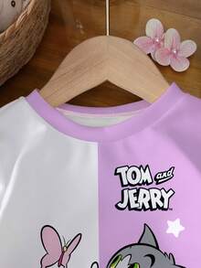 TOM & JERRY X SHEIN 女婴休闲拼色卡通图案圆领卫衣，秋季 - 白色 - 查看 4