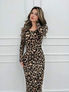 Jemour 豹纹紧身长裙，适合春夏季假期优雅约会夜派对性感波西米亚风动物印花豹纹 - 咖啡棕 - 查看 4