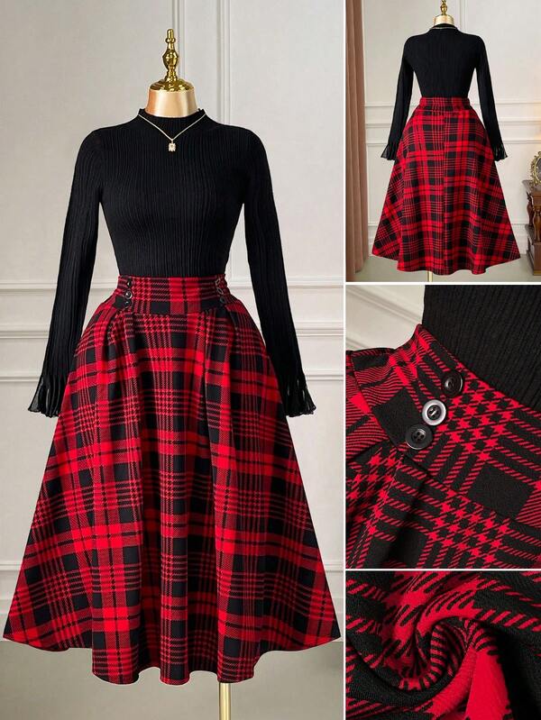 Rometta Plus Size Women's Elegant Plaid Flared Skirt, Christmas