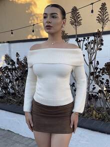 Andrea Bello Off Shoulder Fold Over Sweater,Long Sleeve Tops Knit Pullover Fall Winter Outfit