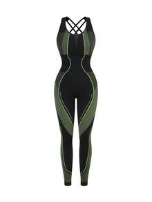 Mono deportivo sin costuras de dos tonos con sujetador incorporado, almohadillas extraíbles, rayas geométricas de carreras, elástico, yoga, mono de gimnasio de una pieza con recorte de malla, diseño transpirable y de control del abdomen para mujer, ropa de ocio deportivo para oficina, gimnasio, trabajo desde casa, running, bicicleta, HIIT, entrenamiento, confort y movimiento, ciclismo, CrossFit, al aire libre