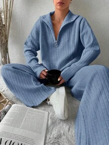 EURMUSE Women's Zip-up Cardigan Sweater 2pcs/set - Dusty Blue - View 3