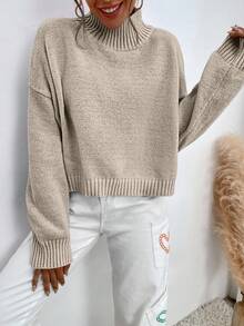 SHEIN Cottnline Drop Shoulder Solid Sweater - Beige - View 6