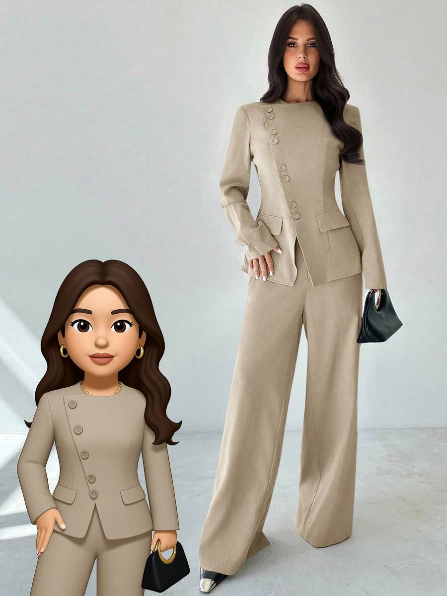 Firerie 女士优雅通勤日常百搭街头时尚新款不对称翻领纽扣腰长袖西装外套和高腰裤卡其灰色两件套西装套装，秋冬