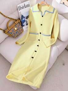 GlowEve Elegant Goddess High-End Polo Collar Soft & Mellow Yellow Fitted Double Pocket Vertical Button Design Flattering Long Knit Dress For Women, Spring/Autumn - Light Yellow - View 3