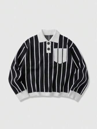 Street Life Men's Striped Polo Collar Long Sleeve Pocket Casual Sweater, Autumn/Winter