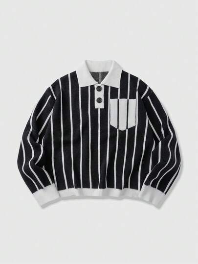 Street Life Suéter casual de manga larga con cuello de polo a rayas y bolsillo para hombre, otoño/invierno