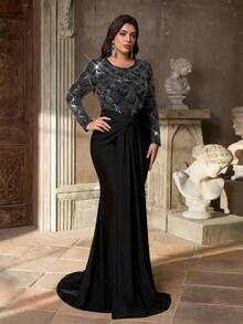Aureia Vestido elegante y romántico de talla grande con cuello redondo, manga larga transparente, lujoso parche de lentejuelas, cintura fruncida, bajo de cola de sirena con volantes, adecuado para bodas, fiestas, eventos de celebración, vestido de gala (diseño muy adornado) - Negro - Ver 8
