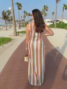 MDEdit 女式撞色条纹侧开衩优雅性感罩衫，适合夏季海滩度假 - 彩色 - 查看 2