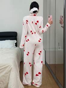 女士舒适心形条纹领扣长袖蓬松睡衣连体裤，秋冬 - 彩色 - 查看 2