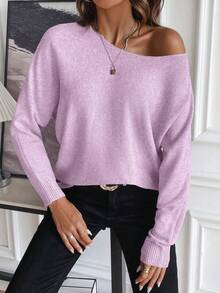 SHEIN LUNE Women's Solid Loose Long Sleeve Knit Pullover Fall Winter Sweater - Mauve Purple - View 5