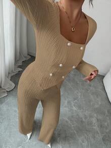Elenzga 女款卡其色兩件套，優雅雙排扣紋理西裝外套與高腰直筒長褲，秋冬通勤職場風長袖套裝 - 卡其色 - 查看 4