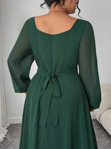 SHEIN Clasi Plus Size Women Square Neck Waist Cinched Long Sleeve Dress - Dark Green - View 2