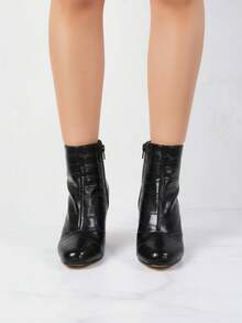 Botines de mujer , piel sintética textura cocodrilo, punta redonda, cierre lateral, tacón grueso alto, estilo sofisticado urbano, para oficina y eventos, botines otoño/invierno - Negro - Ver 3