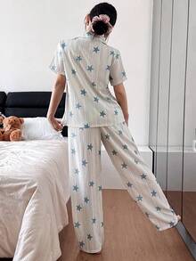 SHEIN 星条纹休闲翻领开衫女士睡衣套装