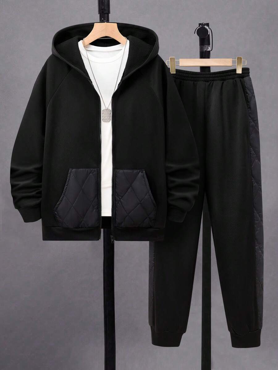 2pcs/Set Casual Quilted Pocket Splice Hoodie Jacket And Drawstring Pants Set For Teenage Boys, Suitable For Autumn/Winter Daily Commute, Leisure Outings, And School Wear