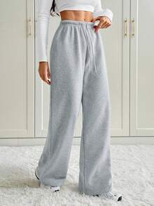 SHEIN Tall 女士休闲前系带腰部宽松运动裤，适合秋冬季日常穿着和返校穿着 - 灰色 - 查看 5