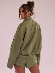 SHEIN BAE Women's Regular Faux Suede Long Sleeve Single Breasted Loose Casual Jacket, For Spring, Women's Pocket Metal Button Short Military Green Jacket Suitable For Spring And Autumn