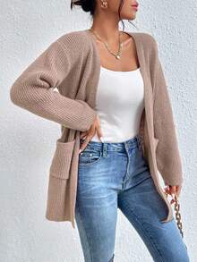 EURMUSE Drop Shoulder Pocket Cardigan With Open Front