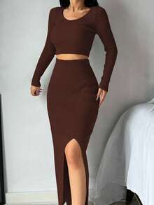 RueChic 2pcs/Set Women Solid Color Long Sleeve Top And Front Slit Skirt - Chocolate Brown - View 5