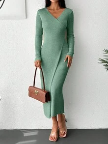 EURMUSE Solid Color Cross Wrap Ribbed Knitted Sweater Dress - Cadet Blue - View 6