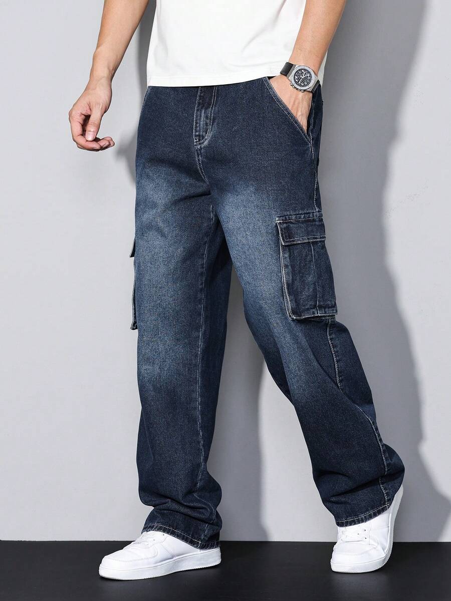 Manfinity Homme 男士工装口袋阔腿宽松休闲牛仔裤 - 藍色 - 查看 1