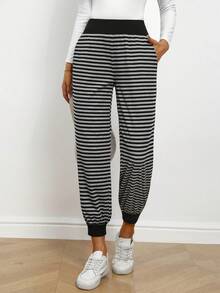 EMERY ROSE 女式休闲通勤条纹慢跑裤 - 黑色 - 查看 6