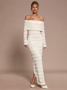 SHEIN BAE Apricot Lace Off Shoulder Long Sleeve Bodycon Dress With Back Slit, Elegant For Cocktail Party, Romantic Date, Autumn/Winter Layering, Party, Formal Gathering, Christmas - Apricot - View 1