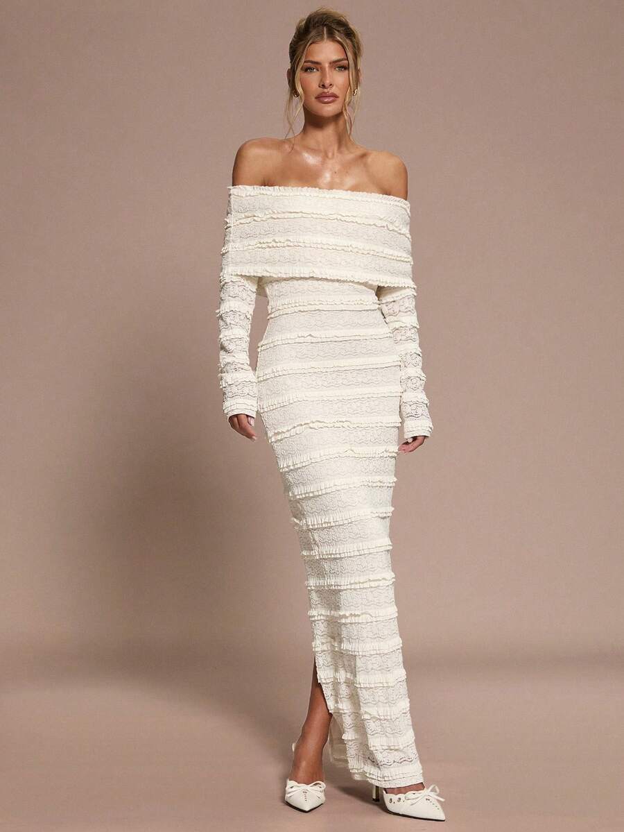 SHEIN BAE Apricot Lace Off Shoulder Long Sleeve Bodycon Dress With Back Slit, Elegant For Cocktail Party, Romantic Date, Autumn/Winter Layering, Party, Formal Gathering, Christmas - Apricot - View 1