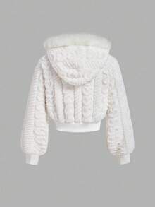 SHEIN Chaqueta deportiva de estilo retro y callejero para niña, con cuello de piel blanca, cremallera, textura de punto y bordado en color blanco y contraste, para otoño e invierno - Blanco - Ver 8