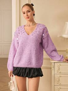 Chiquease Romantic V-Neck Loose Sequin & Rhinestone Embellished Floral Mesh Sweater For Women, Comfortable Pullover - Purple - View 3