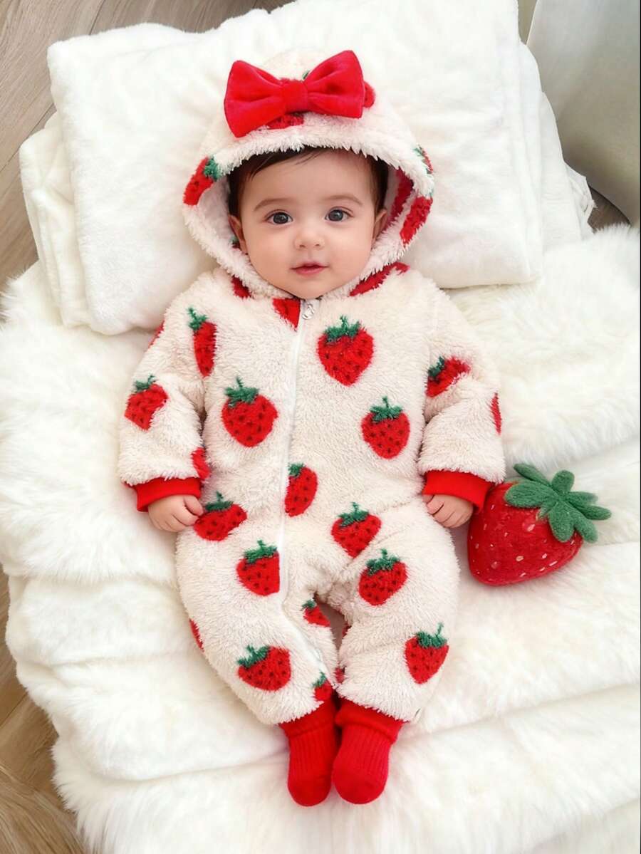 SHEIN Macacão com Capuz e Zíper de Fleece com Estampa de Morango para Meninas Bebê, com Laço Vermelho, Manga Longa, Uso Conveniente, Doce e Fofo, Adequado para Outono/Inverno - Multicolorido - Visão 1