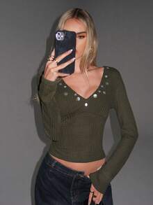 Avantive Green Elastic V-Neck Long-Sleeved Top Women's Fashion Commuter Decorative Button Fitted Long Sleeve Top Fitted Tops Women Women Autumn Winter Halloween Costume Christmas Women's Clothing Clothes For New Year Sexy Tops For Women Sequin Casual Outfit For Women