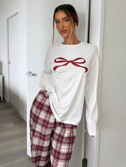Aloruh Home Round Neck Long Sleeve Bow Print Rood Plaid Drawstring Pants Piece Pajama Set, view 3