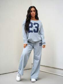 SAYEHFBABY 2pcs/Set Women Casual Numeric Print Long Sleeve Top And Long Pants Set - Grey - View 4