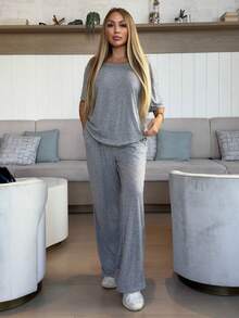 Cioccolato Women's Summer Minimalist Streetwear Basic Daily Wear Going Out Sport Comfortable Off Shoulder T-Shirt And Wide Leg Sweatpants Two Pieces Outfits - Grey - View 1