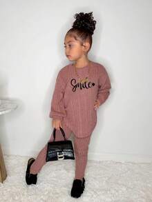 2 件套年轻女孩时尚休闲落肩罗纹针织“微笑”图案 T 恤和紧身裤，粉色套装 - 粉色 - 查看 4