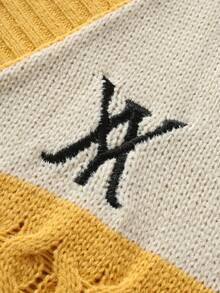 Manfinity EZcore Men's Autumn/Winter Letter Embroidery Contrast Color Casual Knit Long Sleeve Cardigan - Yellow - View 5