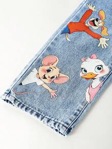 SHEIN Playful Pals 女童休闲牛仔裤夏季新品浅蓝色牛仔可爱动物印花宽松直筒牛仔裤，适合日常穿着和返校穿着 - 淺色水洗藍 - 查看 8