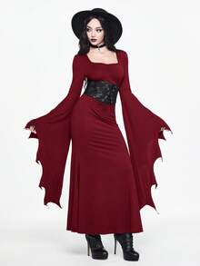 ROMWE Đầm cổ vuông tay loe màu đen phong cách Gothic Dark Party dành cho nữ - Màu Đỏ Sâu - Xem 6