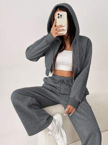 SHEIN PETITE 2 件套：纯色连帽拉链长袖运动衫和抽绳腰袋裤 - 灰色 - 查看 5
