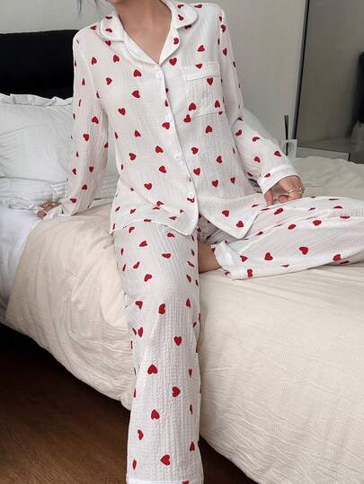 Bubble Crinkle Heart Print Loungewear Set, Indoor Outdoor Wear Zachte Pyjama Set Pajama Fall Clothes view 7